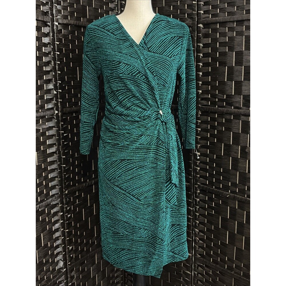 Nina Leonard Women's Long Sleeve Wrap Dress w/ Self Sash Green Size Small